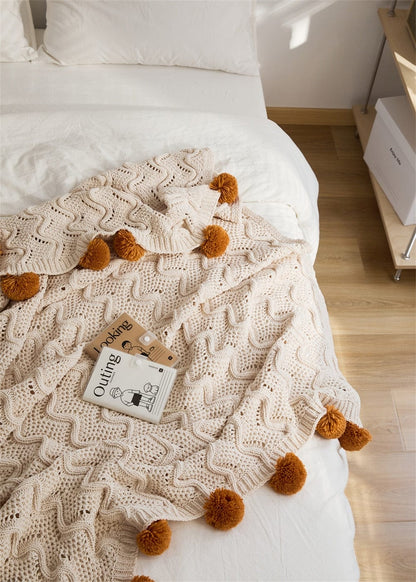 Chunky Pompoms Knitted Blanket