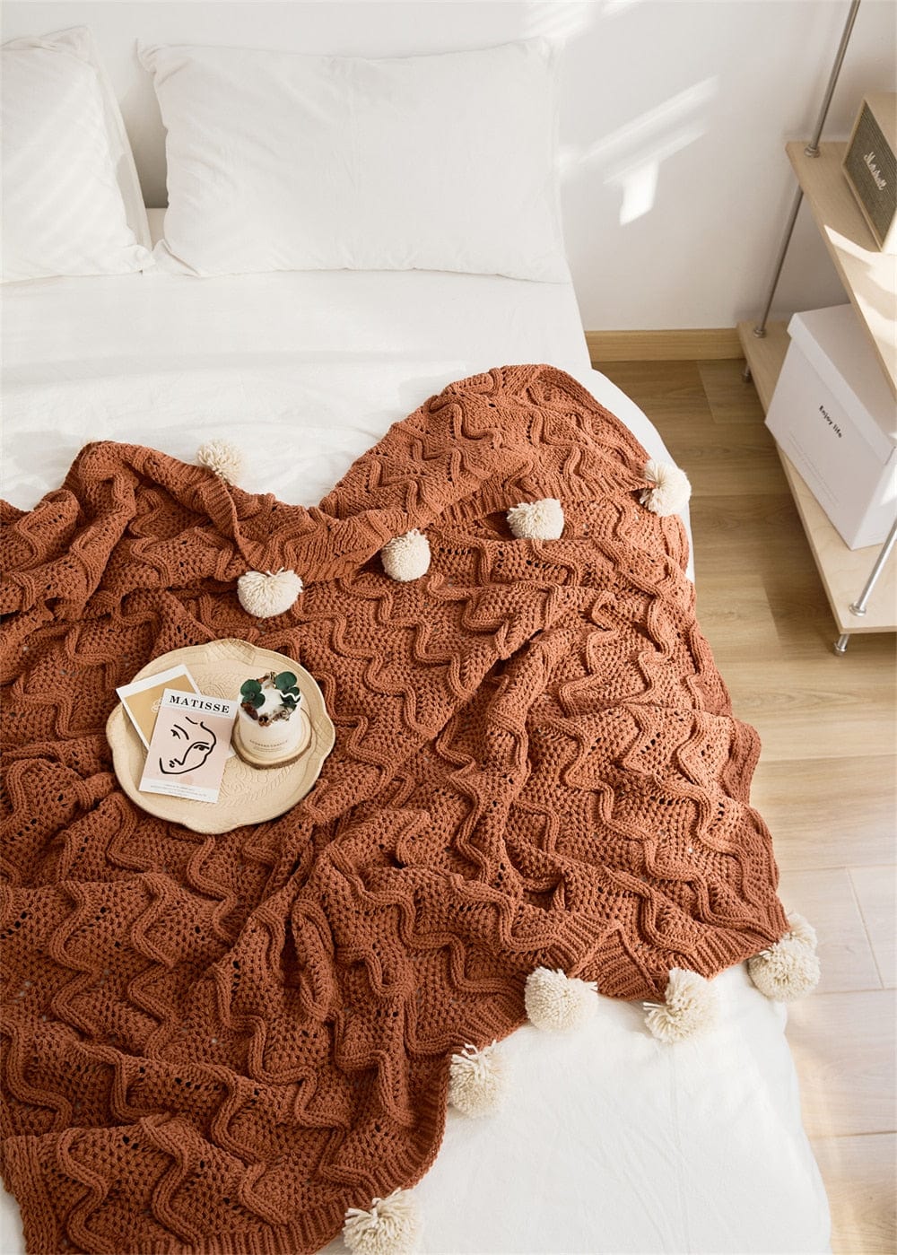 Chunky Pompoms Knitted Blanket