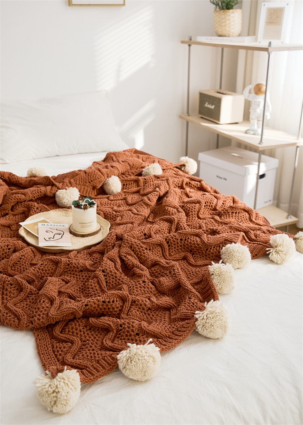 Chunky Pompoms Knitted Blanket