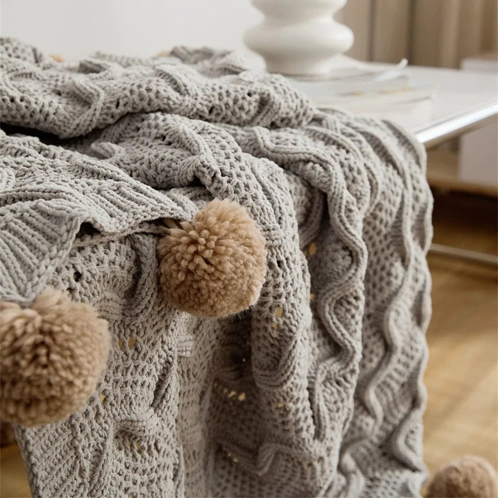 Chunky Pompoms Knitted Blanket