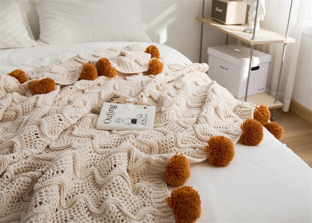 Chunky Pompoms Knitted Blanket