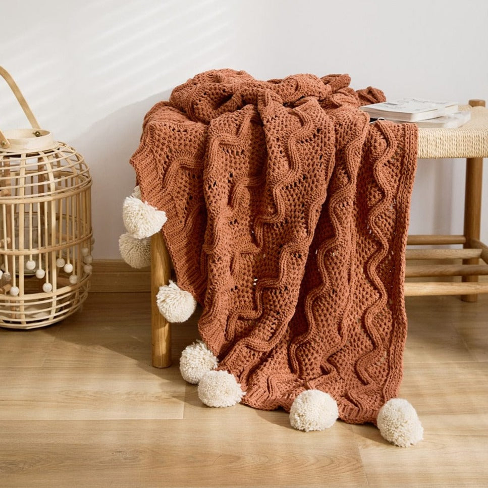 Chunky Pompoms Knitted Blanket