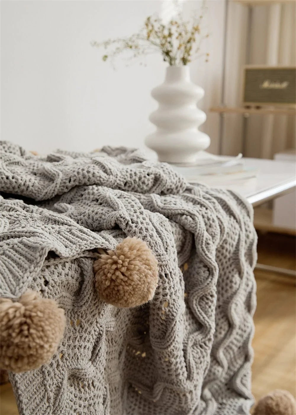 Chunky Pompoms Knitted Blanket