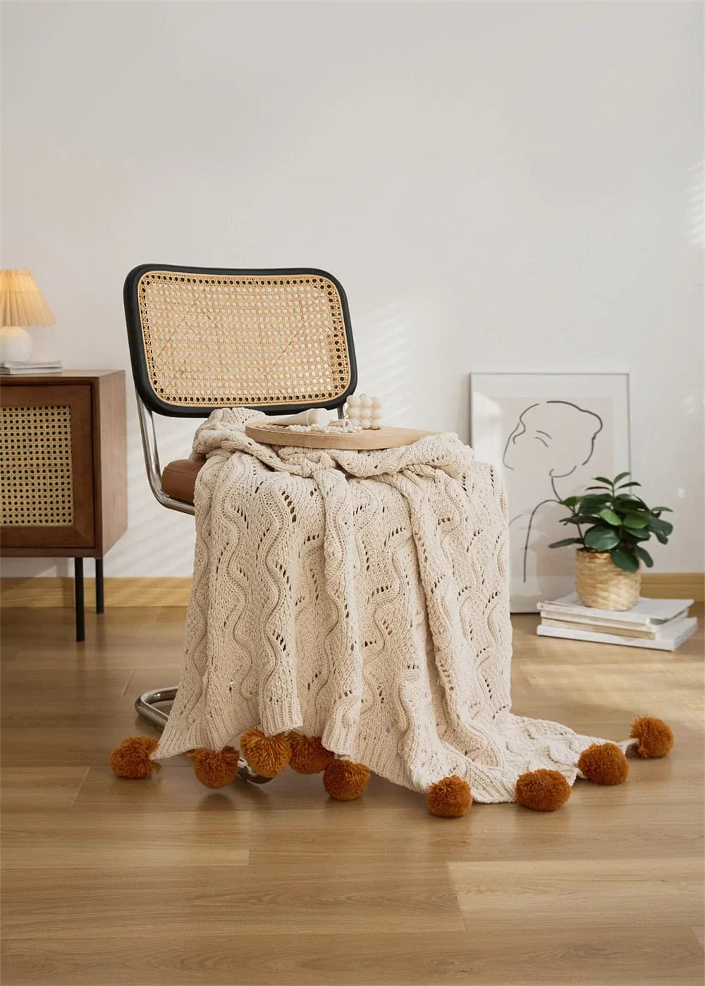 Chunky Pompoms Knitted Blanket