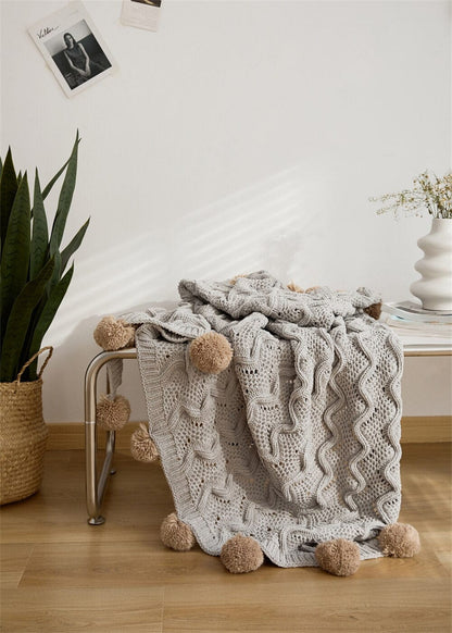 Chunky Pompoms Knitted Blanket