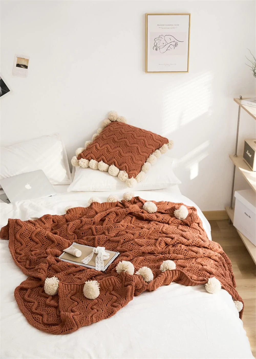 Chunky Pompoms Knitted Blanket