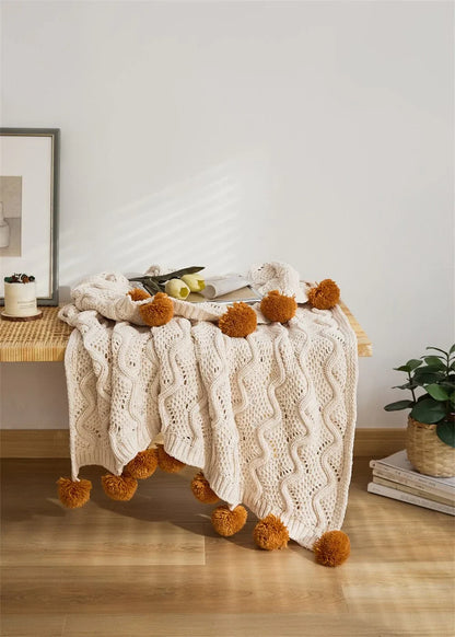 Chunky Pompoms Knitted Blanket