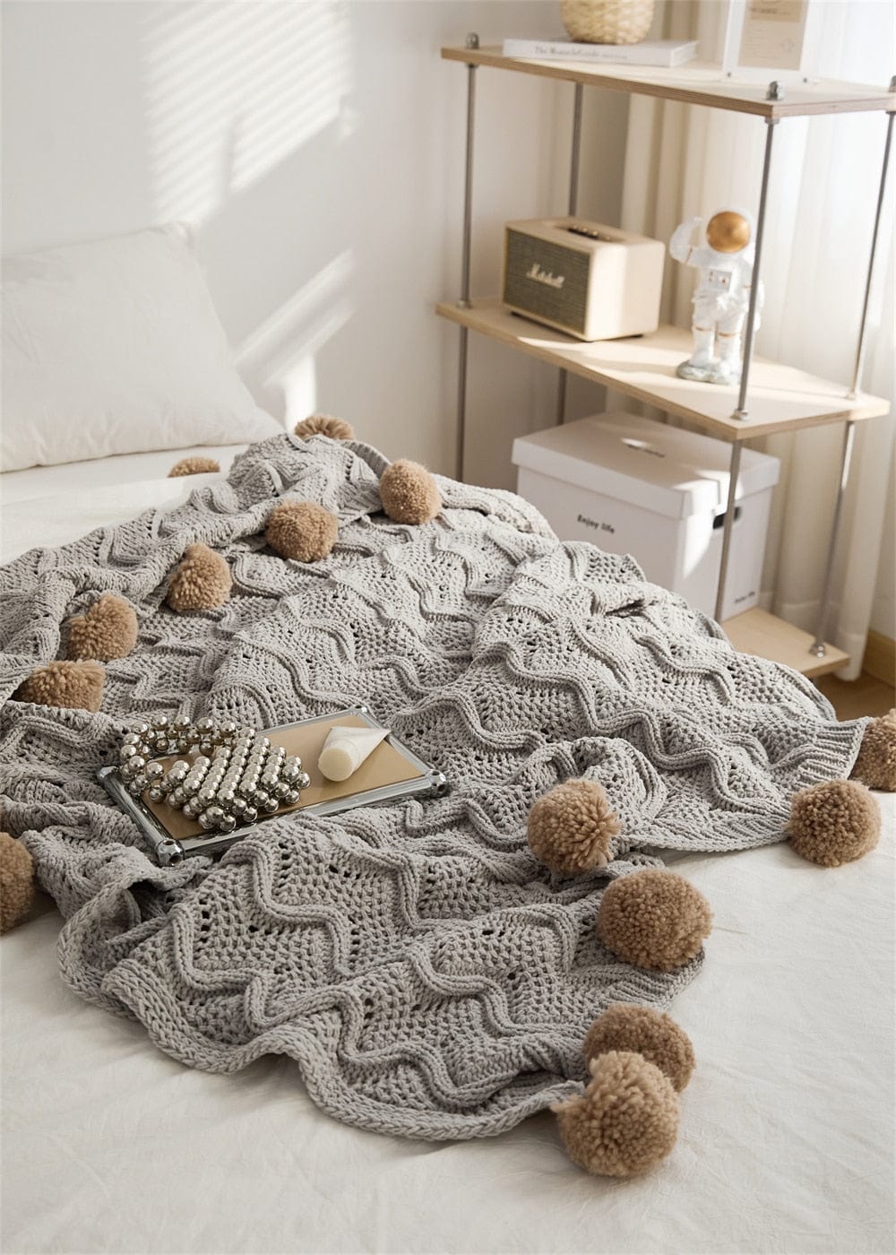 Chunky Pompoms Knitted Blanket