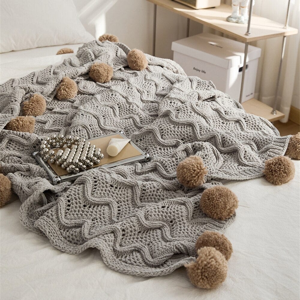 Chunky Pompoms Knitted Blanket