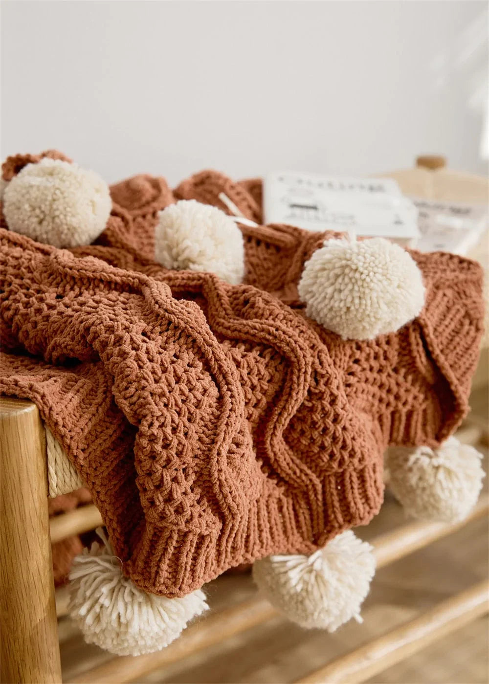 Chunky Pompoms Knitted Blanket