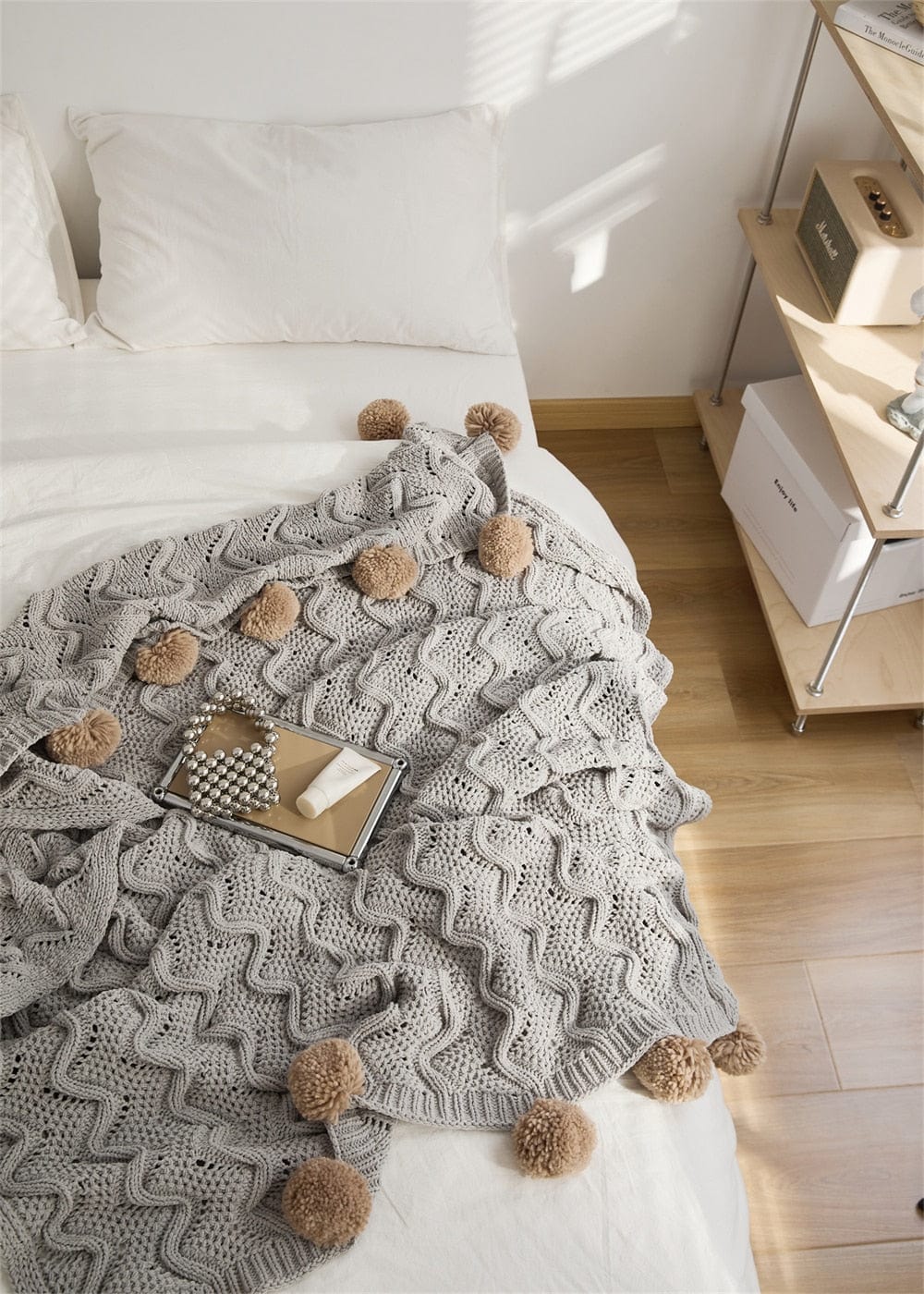 Chunky Pompoms Knitted Blanket