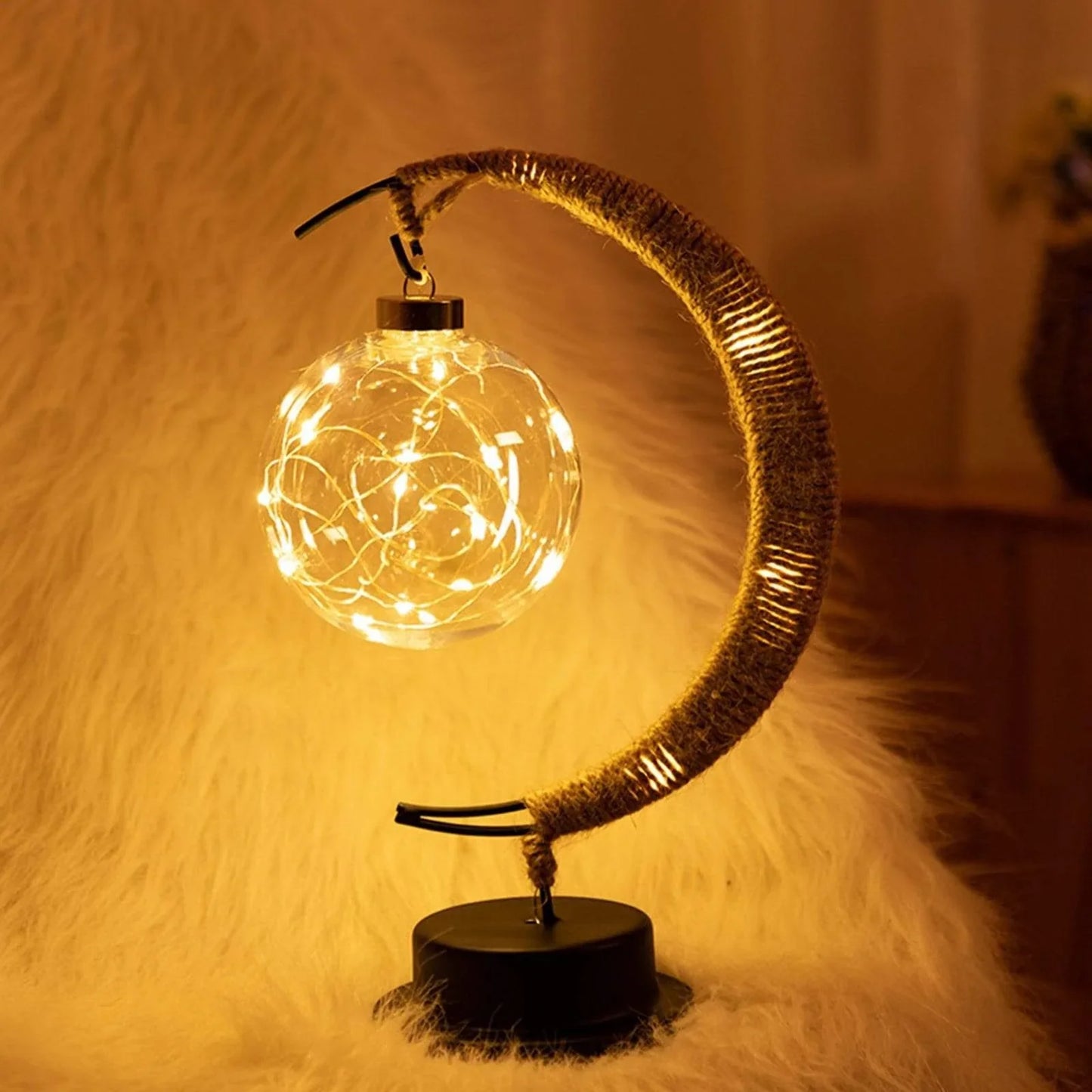 Crescent Moon Rattan Table Lamp