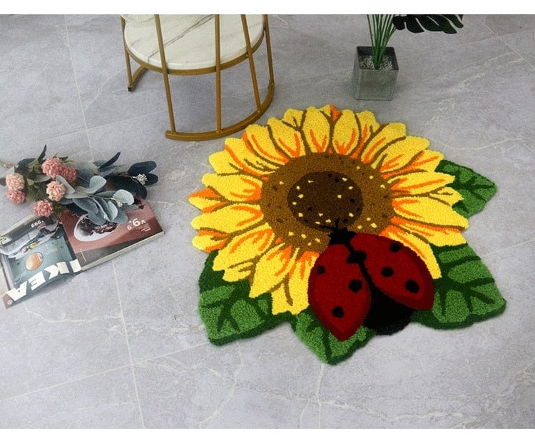 Delicate Sunflower and Ladybug Door Mat