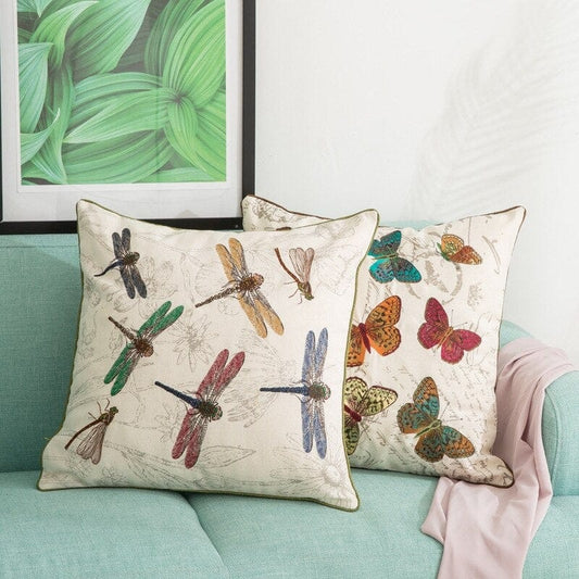 Dragonfly and Butterflies Colorful Embroidery Cushion Cover