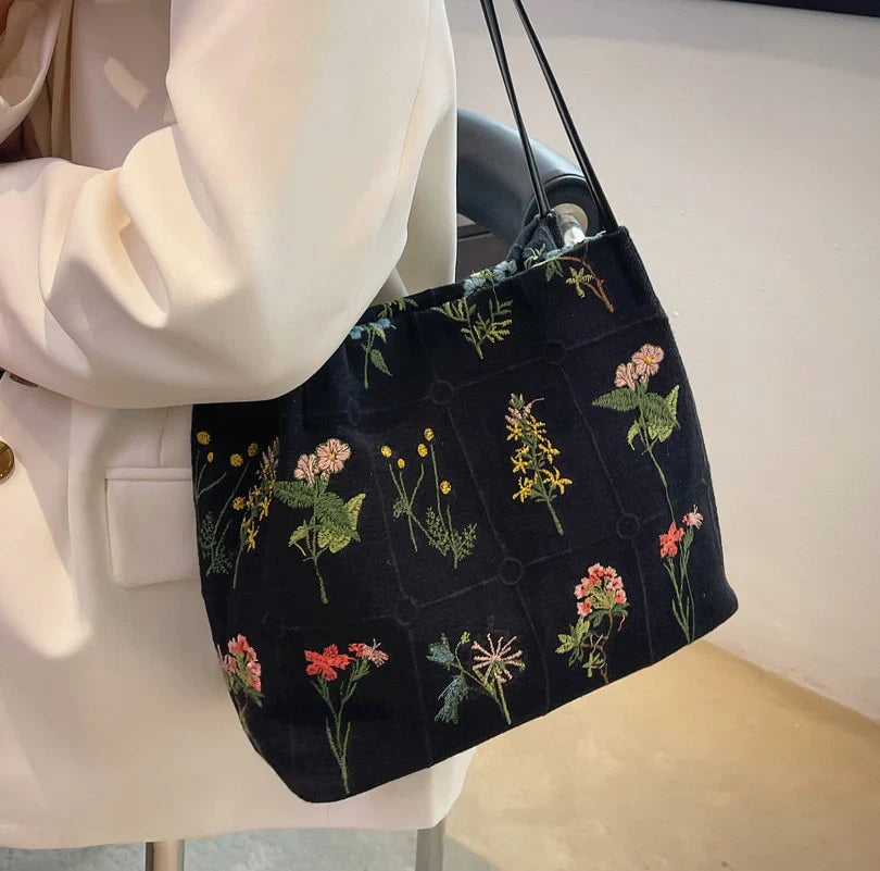 Embroidered Botanical Tote Bag