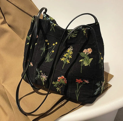 Embroidered Botanical Tote Bag