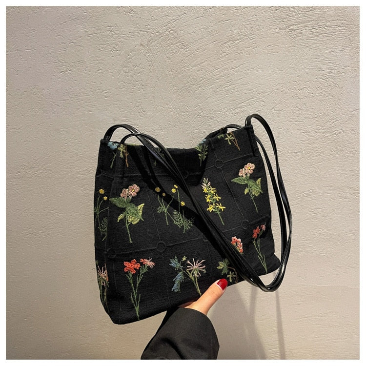 Embroidered Botanical Tote Bag