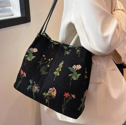 Embroidered Botanical Tote Bag