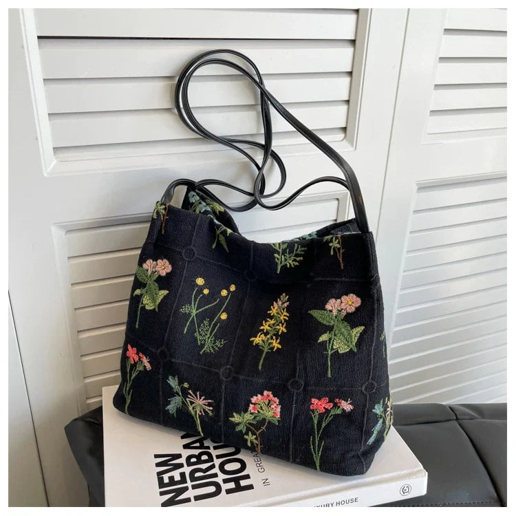 Embroidered Botanical Tote Bag