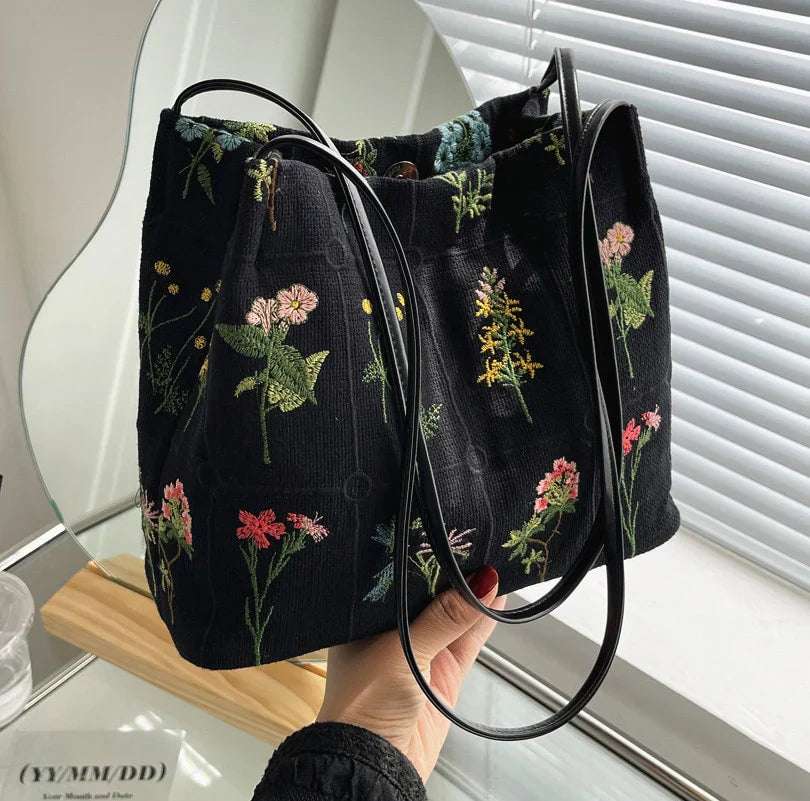 Embroidered Botanical Tote Bag