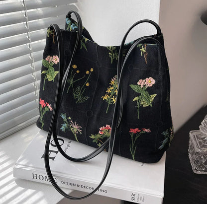 Embroidered Botanical Tote Bag