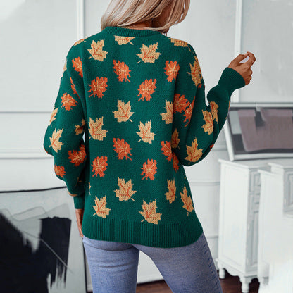 Pull tricoté à motif de feuille d'érable d'automne