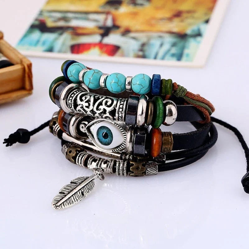 Feather Charm with Eye and Turquoise Beads Bracelet