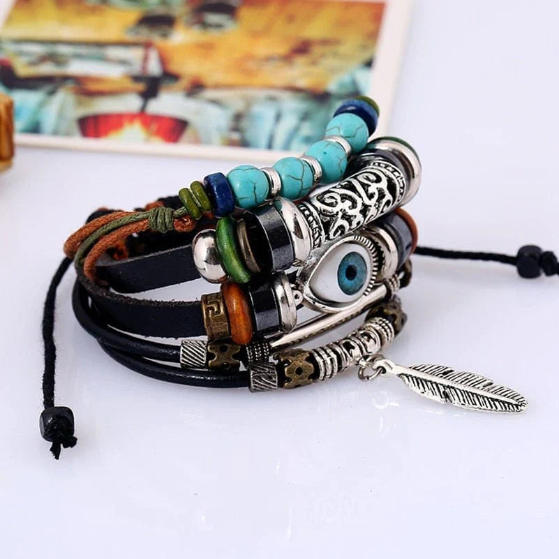 Feather Charm with Eye and Turquoise Beads Bracelet