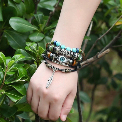 Feather Charm with Eye and Turquoise Beads Bracelet