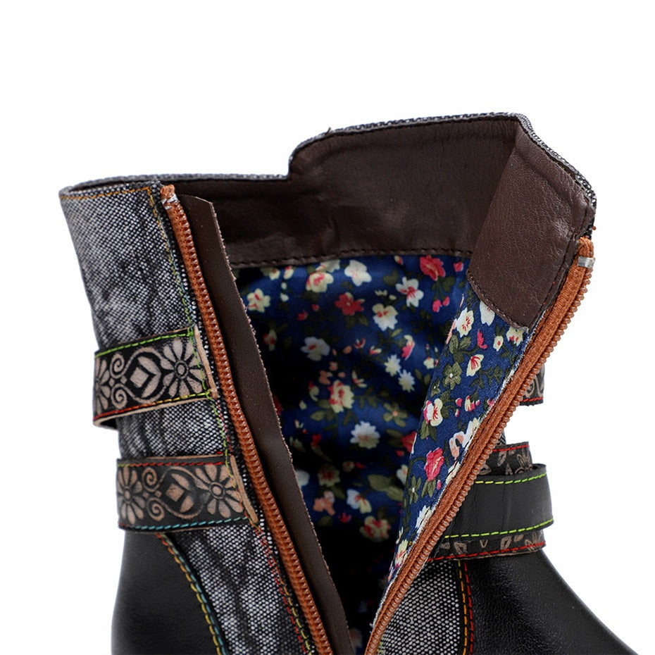 Black Boho Floral Ankle Boots