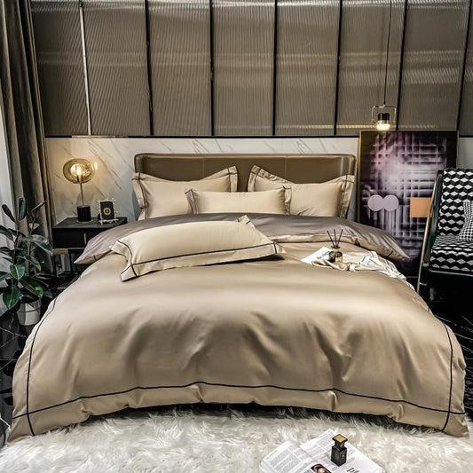 Kaelyn Champagne Beige Hotel Trim Luxury Egyptian Cotton Bedding Set Bedding Bedding set Color_Beige Cotton Cover Duvet Egyptian Hotel Kaelyn King size bedding Material_Egyptian Cotton Queen size bedding Set Size_King Size_Queen Thread Count_500TC Trim
