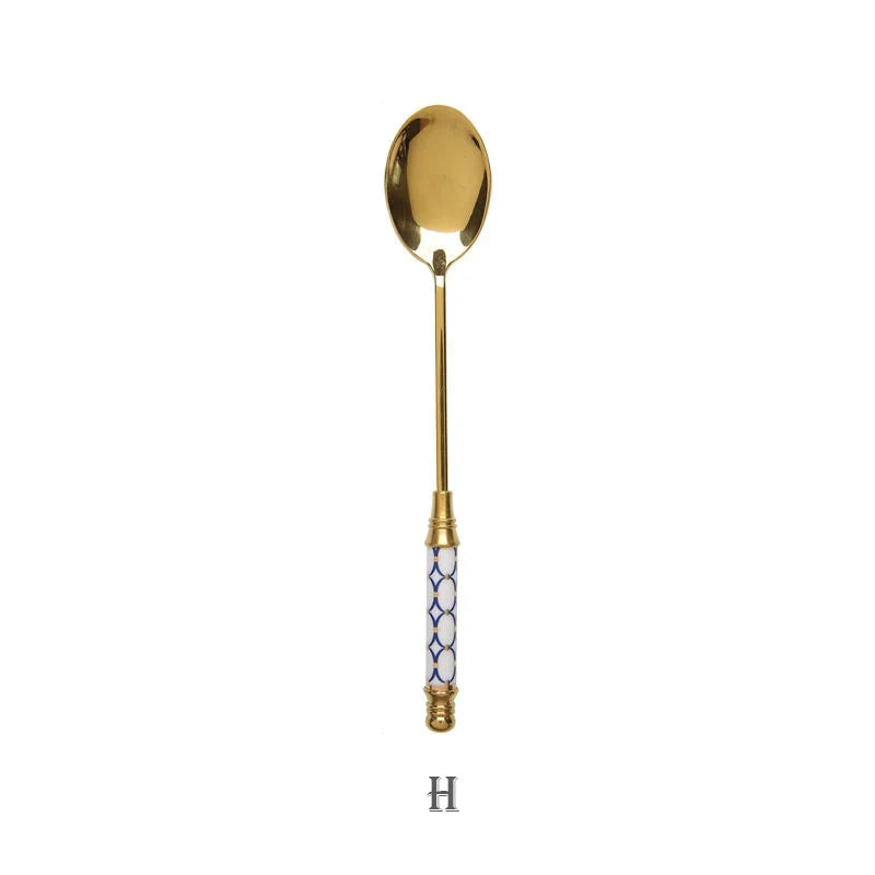 Stainless Steel Dessert Spoon- Ceramic Long Handle Gold Teaspoon