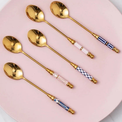 Stainless Steel Dessert Spoon- Ceramic Long Handle Gold Teaspoon