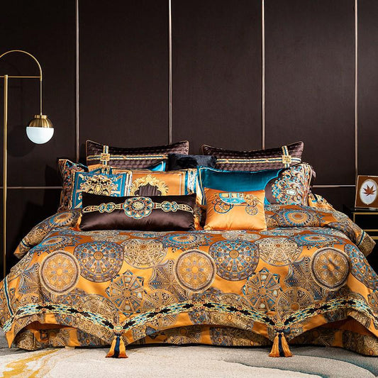 Omera Rounded Jacquard Egyptian Cotton Satin Bedding Set Bedding Bedding set Color_Orange Cover Duvet Embroidered Jacquard King size bedding Material_Egyptian Cotton Material_Satin Omera Queen size bedding Rounded Satin Set Size_Double Size_King Size_Queen Tassel Thread Count_800TC
