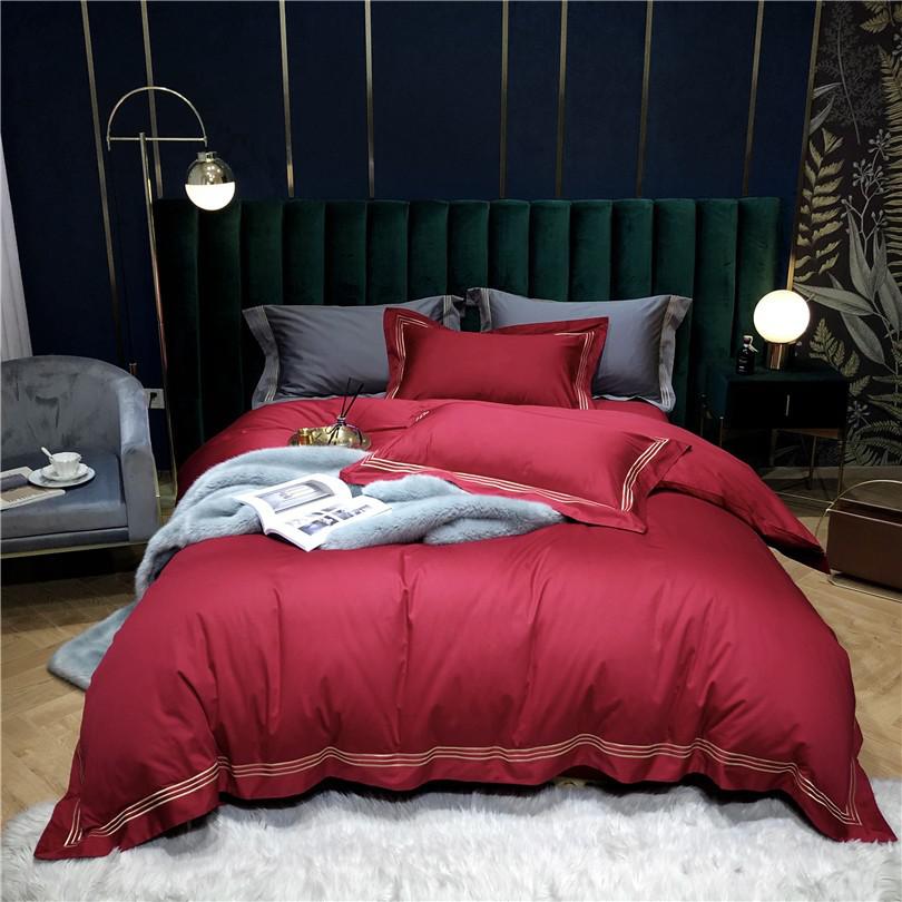 Victoria Red Embroidered Lined Border Egyptian Cotton Bedding Set