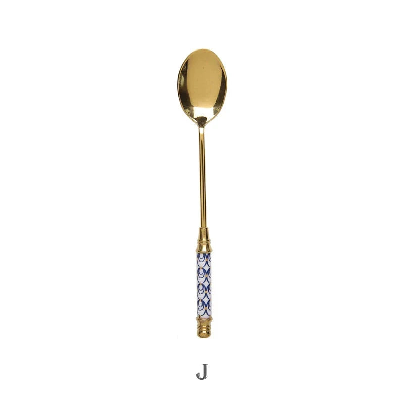 Stainless Steel Dessert Spoon- Ceramic Long Handle Gold Teaspoon