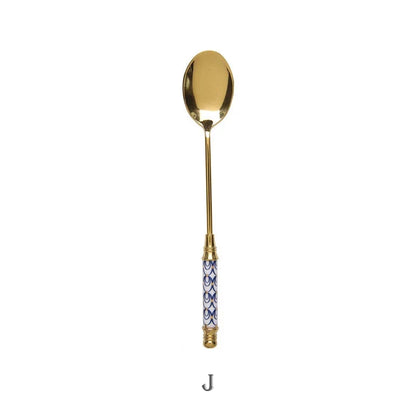 Stainless Steel Dessert Spoon- Ceramic Long Handle Gold Teaspoon