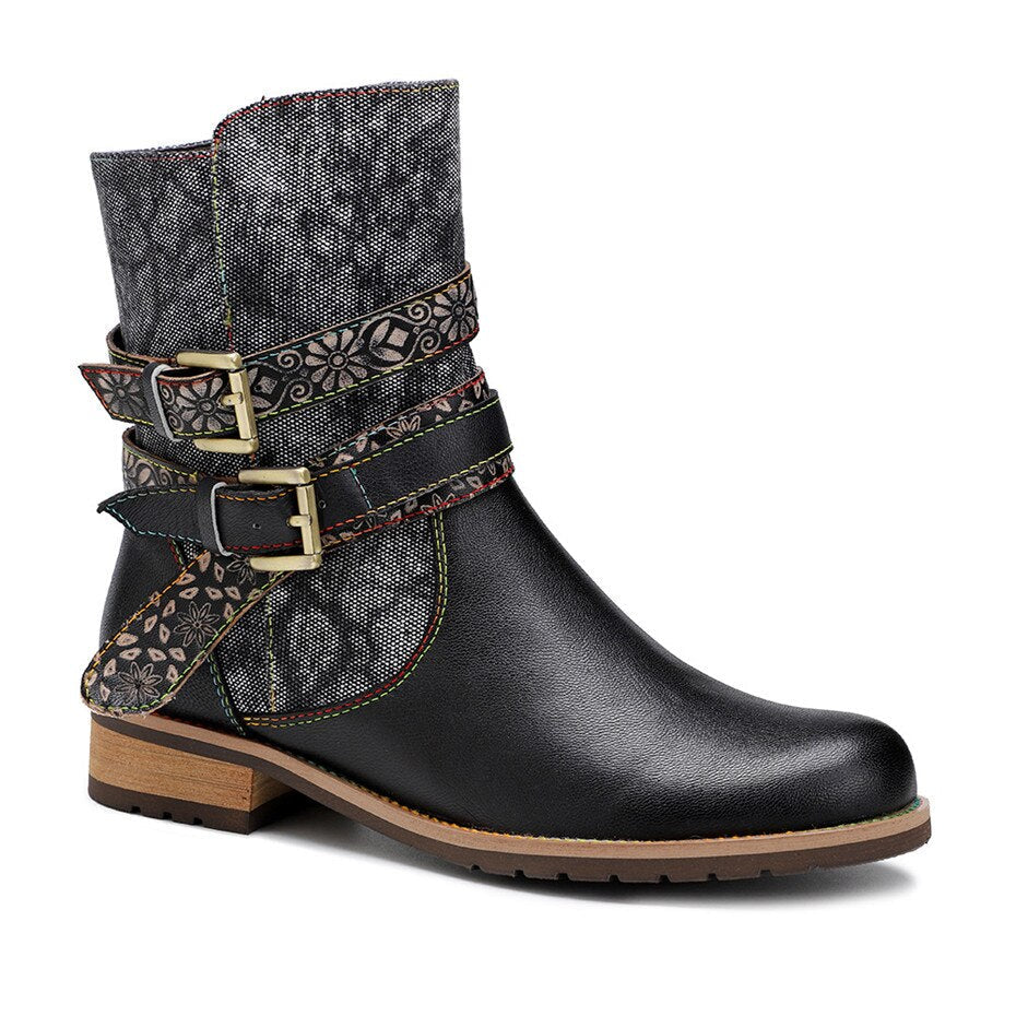 Black Boho Floral Ankle Boots