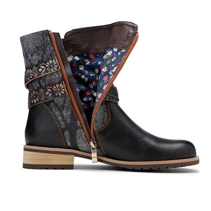 Black Boho Floral Ankle Boots