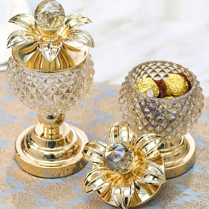 Golden Crystal Glass Storage with Cover