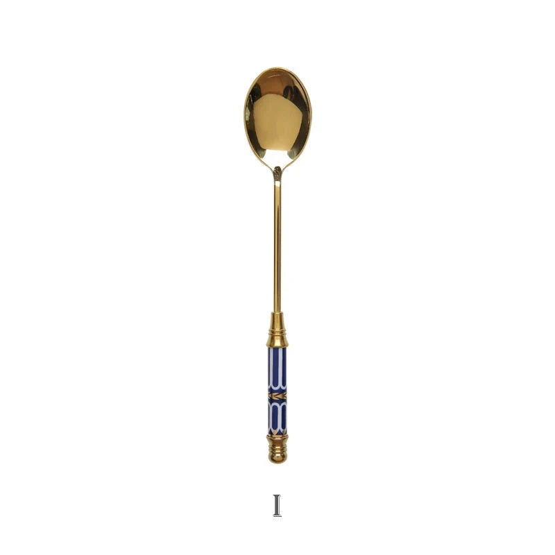 Stainless Steel Dessert Spoon- Ceramic Long Handle Gold Teaspoon