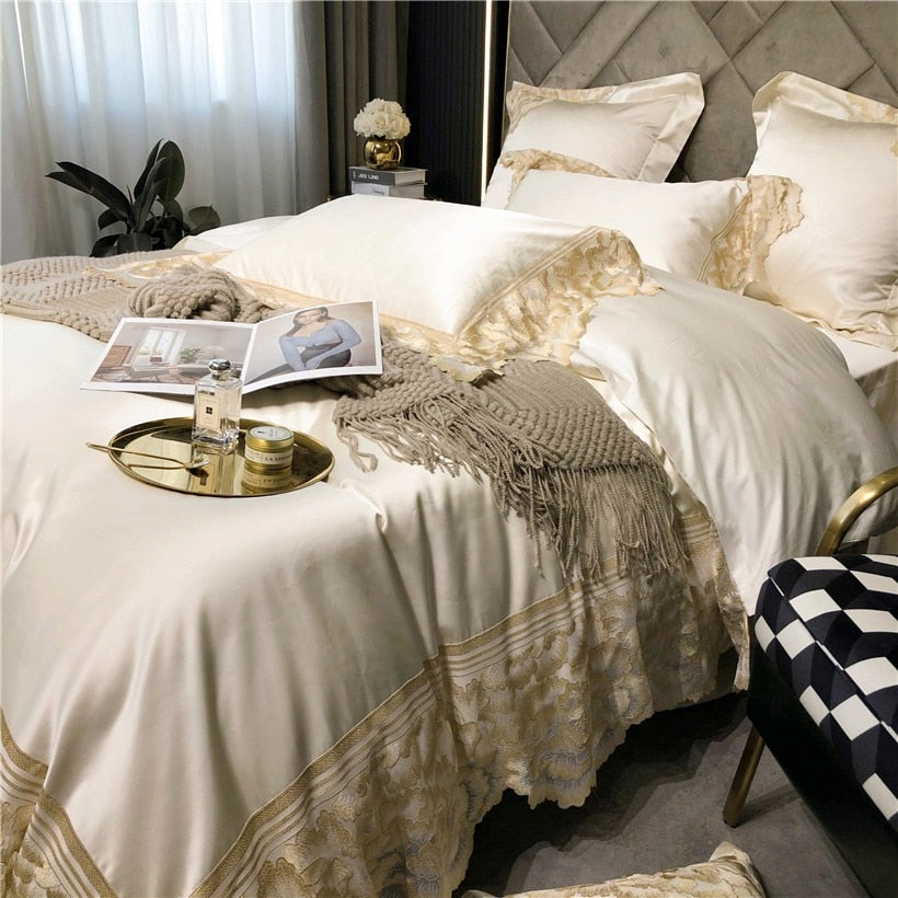 Joanna Scalloped Lace Edge Satin Egyptian Cotton Bedding Set