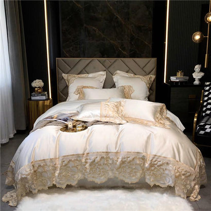 Joanna Scalloped Lace Edge Satin Egyptian Cotton Bedding Set