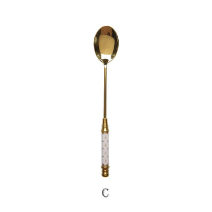 Stainless Steel Dessert Spoon- Ceramic Long Handle Gold Teaspoon
