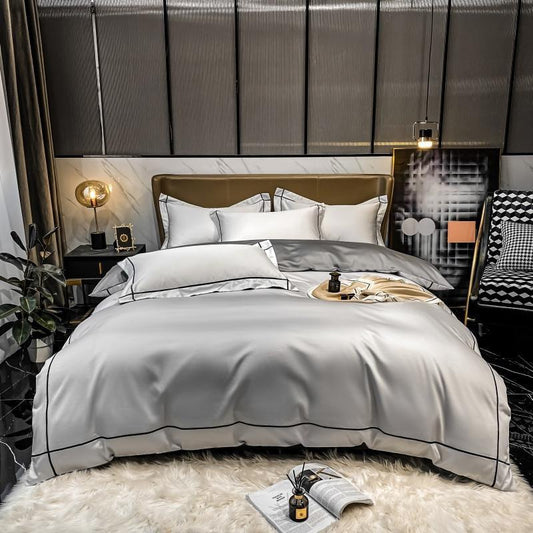 Kaelyn Silver Grey Hotel Trim Luxury Egyptian Cotton Bedding Set Bedding Bedding set Color_Silver Cotton Cover Duvet Egyptian Hotel Kaelyn King size bedding Material_Egyptian Cotton Queen size bedding Set Size_King Size_Queen Thread Count_500TC Trim