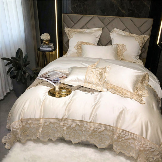 Joanna Scalloped Lace Edge Satin Egyptian Cotton Bedding Set