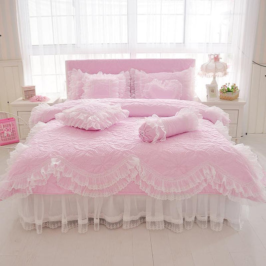 Amani Pink Double-Layered Ruffled Cotton Lace Bedding Set Amani bedding Color_Pink Cotton Cover DoubleLayered Duvet King size bedding Lace Material_Egyptian Cotton Queen size bedding Ruffled Set Size_King Size_Queen Size_Twin Thread Count_500TC