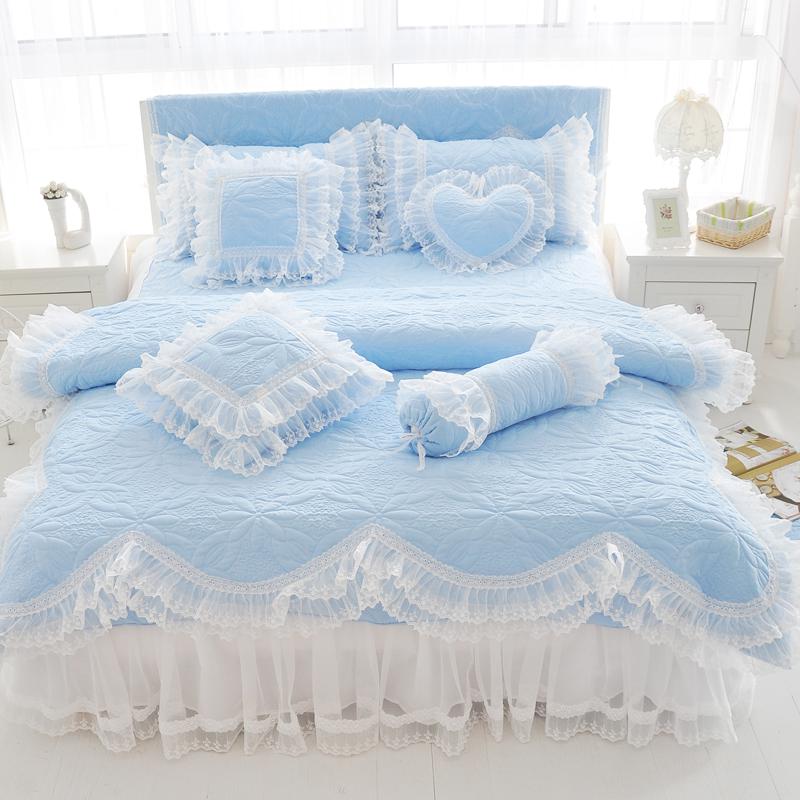 Amani Blue Double-Layered Ruffled Cotton Lace Bedding Set
