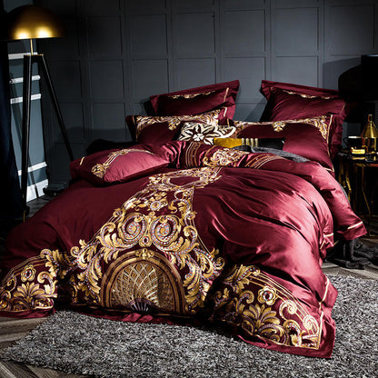 Lezkira Burgundy Red Luxury Egyptian Cotton Embroidery Bedding Set