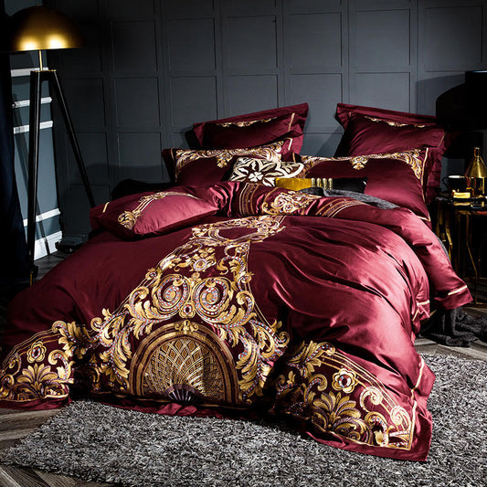 Lezkira Burgundy Red Luxury Egyptian Cotton Embroidery Bedding Set